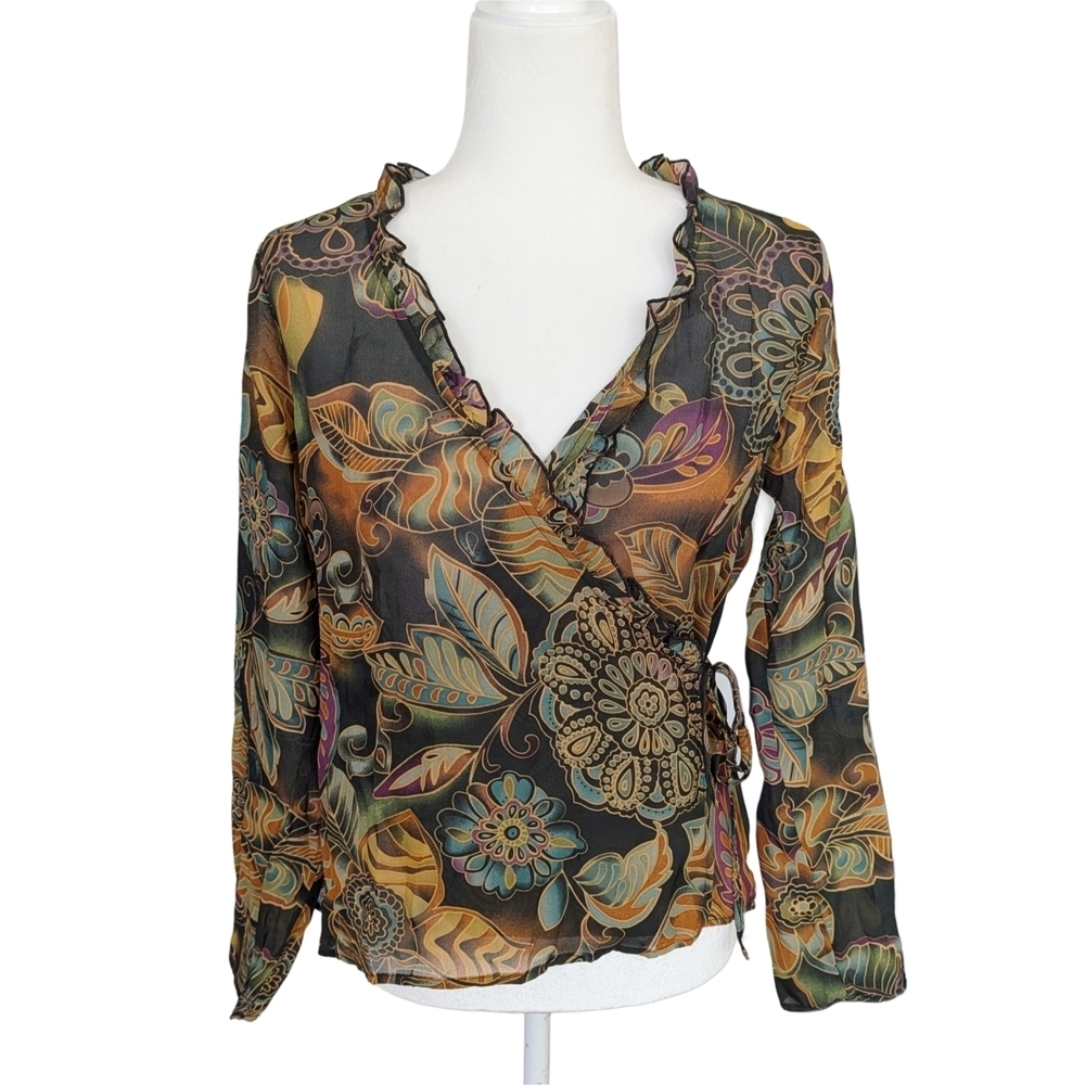 Cato Black Blue Autumn Floral Wrap Tie Long Sleeve Blouse Size Small